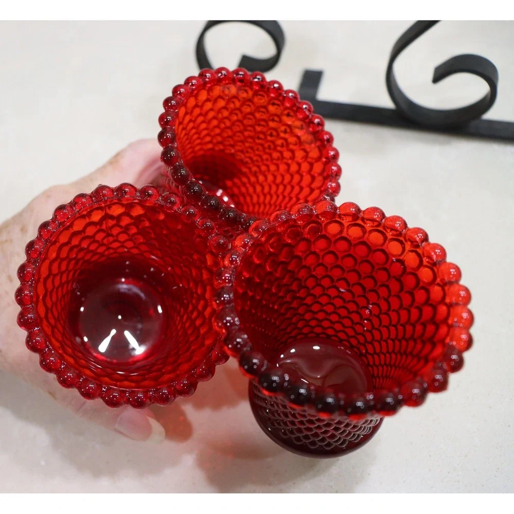 Wrought Iron Candelabra with 3 Red Hobnail Glass Votive Taper Holders Black